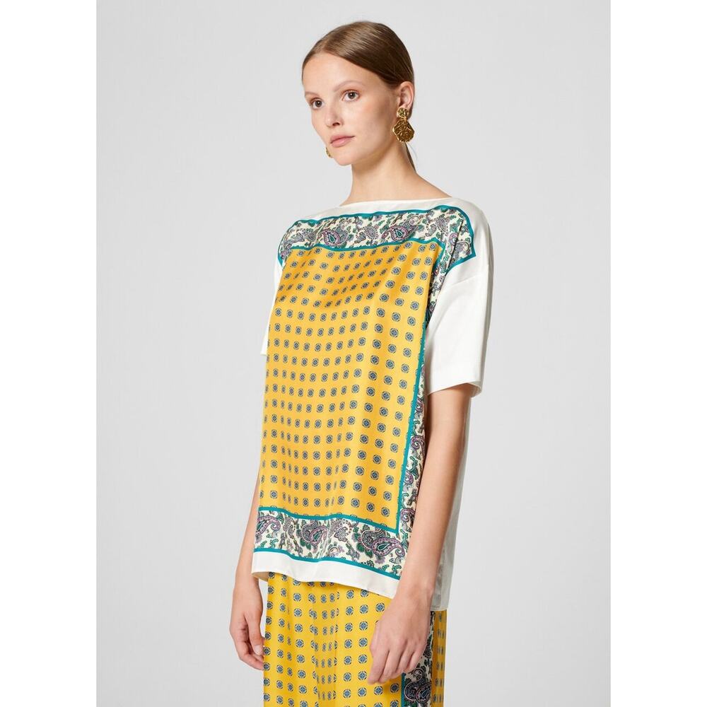 ESCADA Silk Printed Blouse Cotton and Silk Foulard In White Size XL